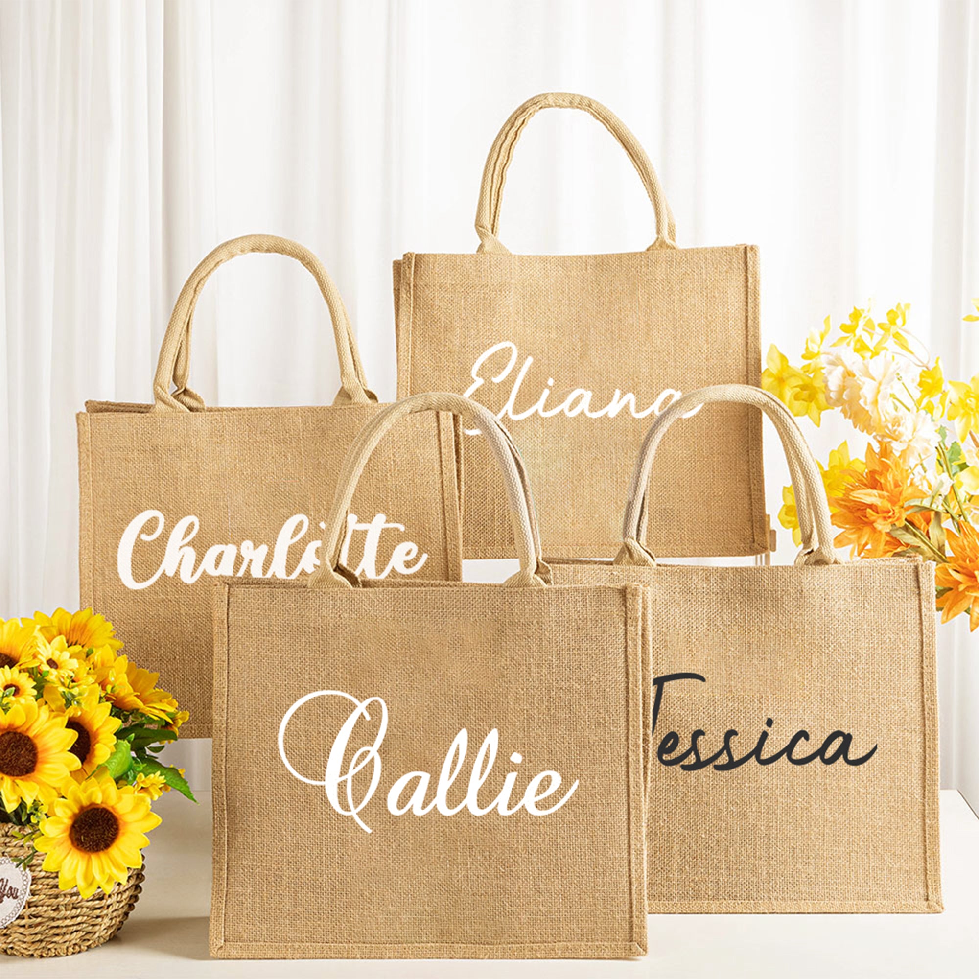 Nombre personalizado Bolsa de yute de gran tamaño Viaje diario Esencial Cumpleaños Fiesta de boda Regalo para mujeres Amigos