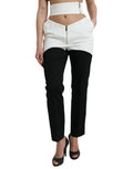 Women's Black White Cotton Cut Out Waist Tapered Pants And Elastane