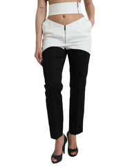 Women's Black White Cotton Cut Out Waist Tapered Pants And Elastane