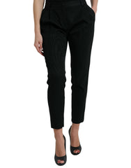 Women's Black Wool High Waist Cropped Tapered Pants Virgin Elastane