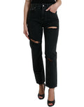 Women's Black Cotton High Waist Tattered Denim Jeans Clothing