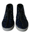 Men's Blue Calfskin Leopard Mid Top Sneakers Shoes Calf Leather Hair