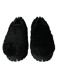 Men's Black Fur Leather Slippers Dress Shoes Lamb
