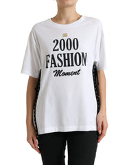 Women's White Slogan Print Lacing Detailed T-Shirt Cotton