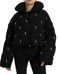 Women's Black Embellished Quilted Shell Bomber Jacket Nylon Clothing
