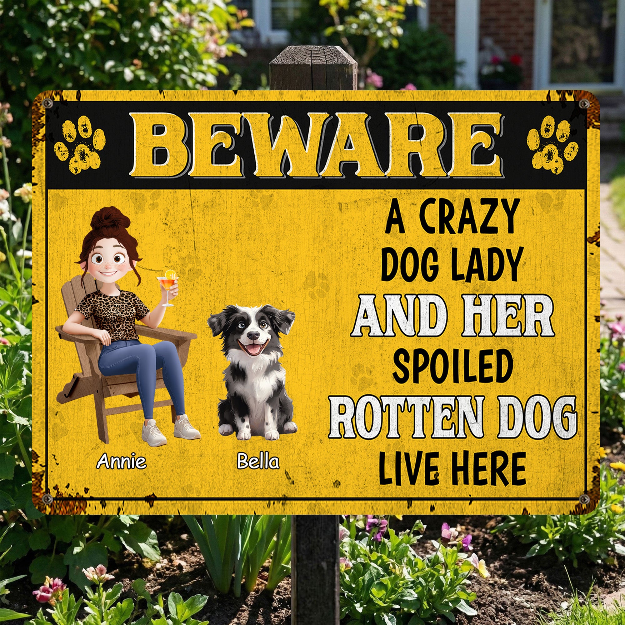 Personalizado Paw Print Cartoon Character Dog Garden Tinplate Sign with Name Garden Decor Birthday Anniversary Gift for Pet Owner Lover