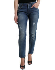 Women's Blue Boyfriend Mid Waist Cotton Denim Jeans Elastane Clothing