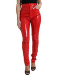 Women's Shiny Red High Waist Skinny Pants Polyester