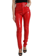 Women's Shiny Red High Waist Skinny Pants Polyester