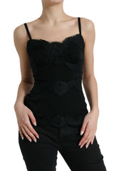 Women's Black Silk Stretch Lace Sleeveless Tank Top Cotton Nylon Elastane