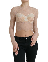 Women's Beige Nylon Floral Lace Bustier Cropped Top Modal Silk