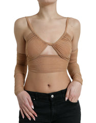 Women's Brown Nylon Stretch Open Shoulder Cropped Top Elastane