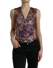 Women's Multicolor Jacquard Button Waistcoat Vest Top