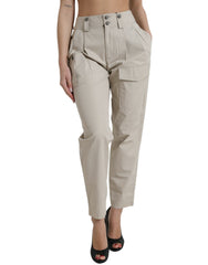 Women's Beige Cotton High Waist Tapered Pants