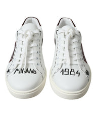 Men's White Bordeaux Leather Logo Low Top Sneakers Shoes Calf