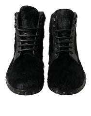 Men's Black Pony Style Leather Mid Calf Boots Shoes
