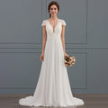Bridal Wedding Dress White Cap Sleeve Long V-Neck A-line