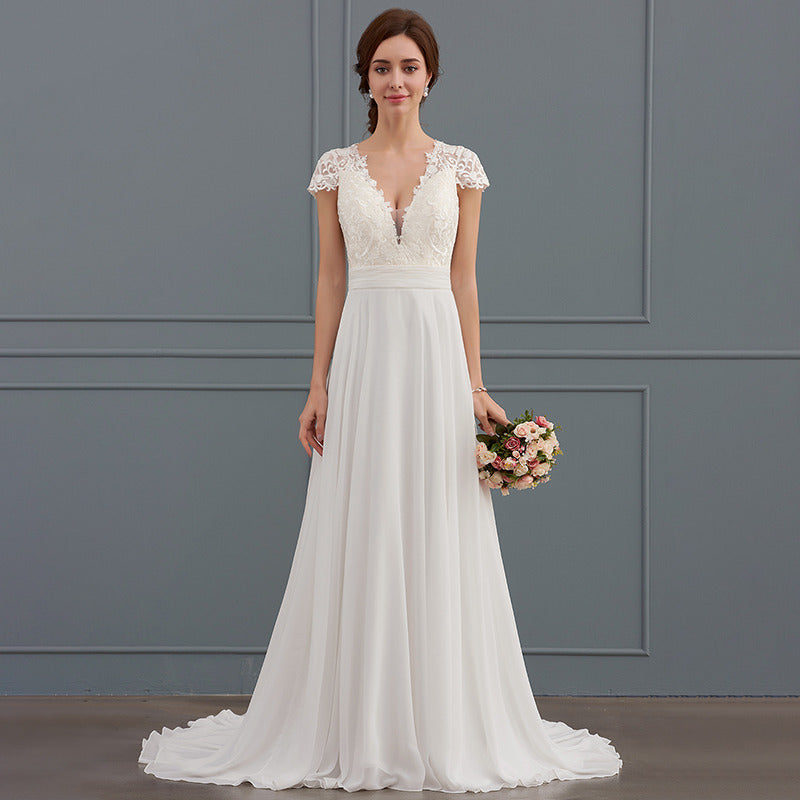 Bridal Wedding Dress White Cap Sleeve Long V-Neck A-line