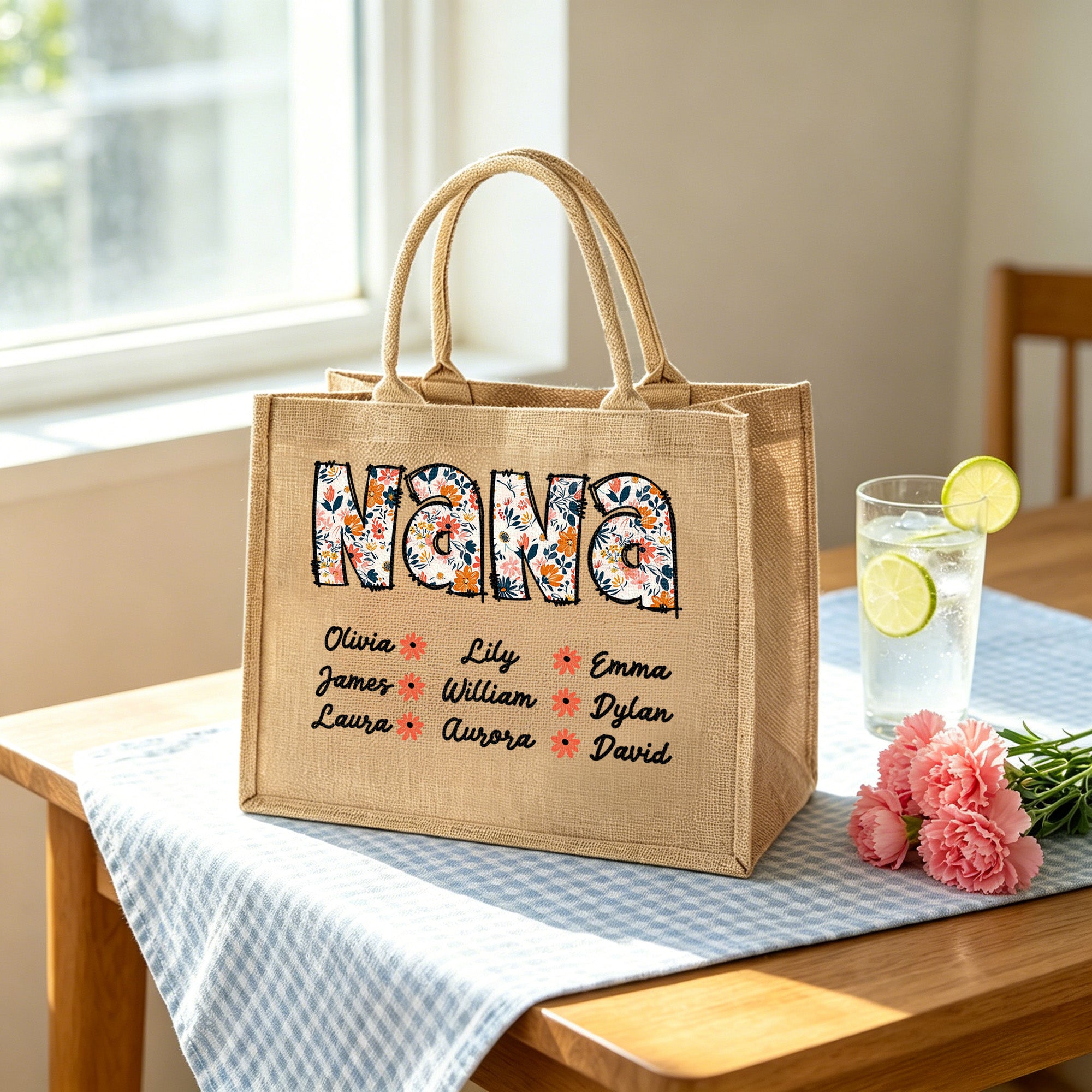 Bolsa de yute personalizada de gran capacidad estilo bohemio con nombre Uso diario Día de la Madre Regalo de cumpleaños para mamá Abuela Mujer
