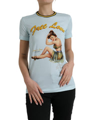 Women's Light Blue Cotton Free Love Crew Neck T-Shirt