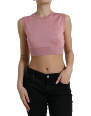 Women's Pink Crew Neck Cropped Sleeveless Tank Top Silk