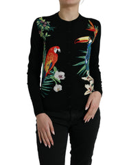 Women's Bird-Embroidered Virgin Wool And Silk Cardigan Black Clothing