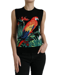 Women's Black Jungle Crew Neck Sleeveless Tank Top Virgin Wool Silk