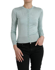 Women's Silk Crew Neck Cardigan Blue