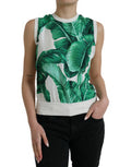 Women's White Banana Leaf Print Crew Neck Tank Top Silk