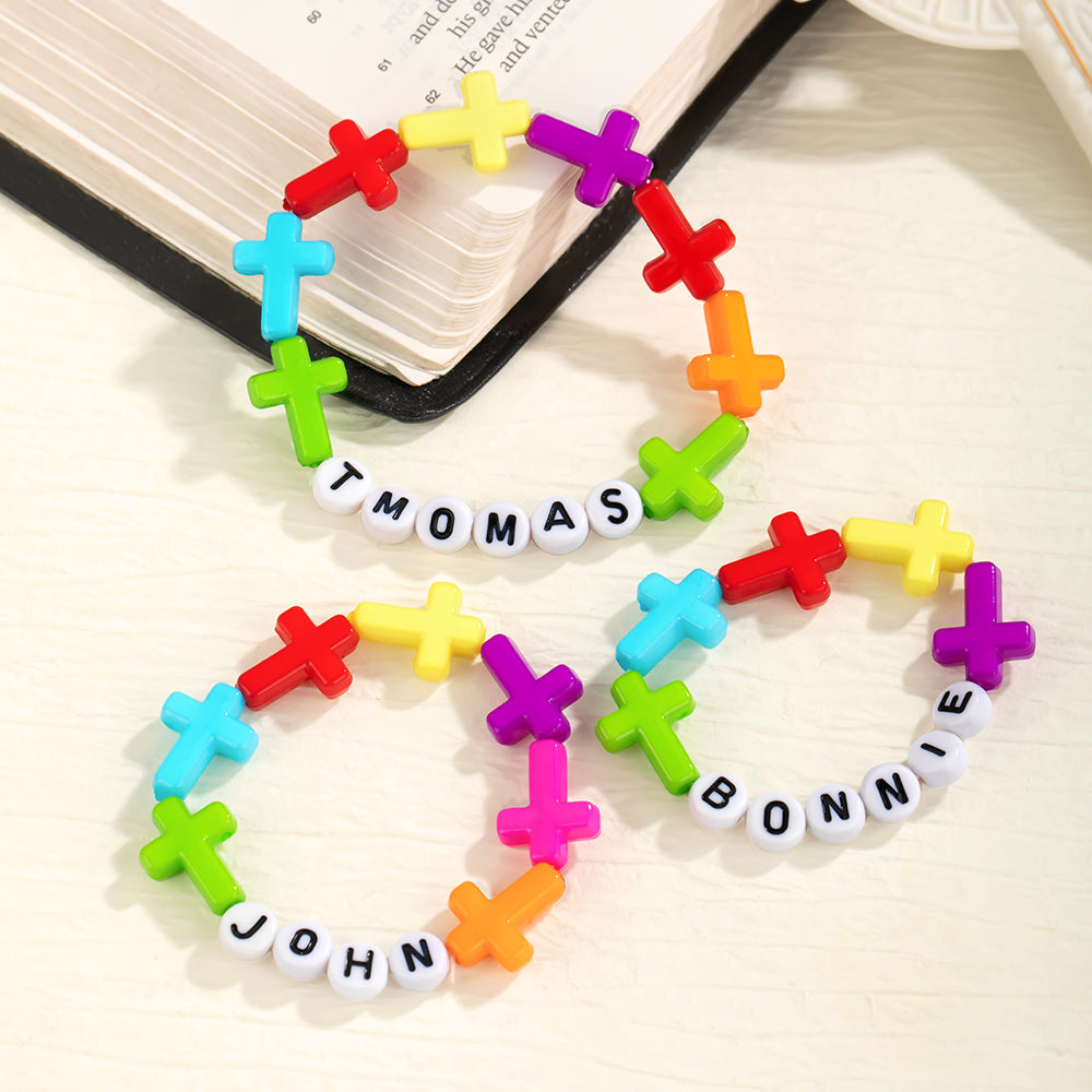 Acrílico personalizado colorido Cruces de cuentas pulsera con nombre Bautismo Cumpleaños Regalo para Niños Cristianos