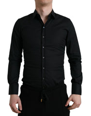 Men's Black Cotton Stretch Slim Formal Dress Shirt Nylon Elastane