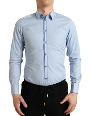 Sky Blue Cotton Men Formal Gold Dress Shirt Light