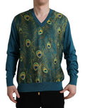 Men's Peacock Feather Jacquard Sweater Green Silk