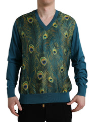 Men's Peacock Feather Jacquard Sweater Green Silk