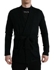 Men's Black Cashmere Long Sleeves Belted Wrap Robe Nylon Clothing