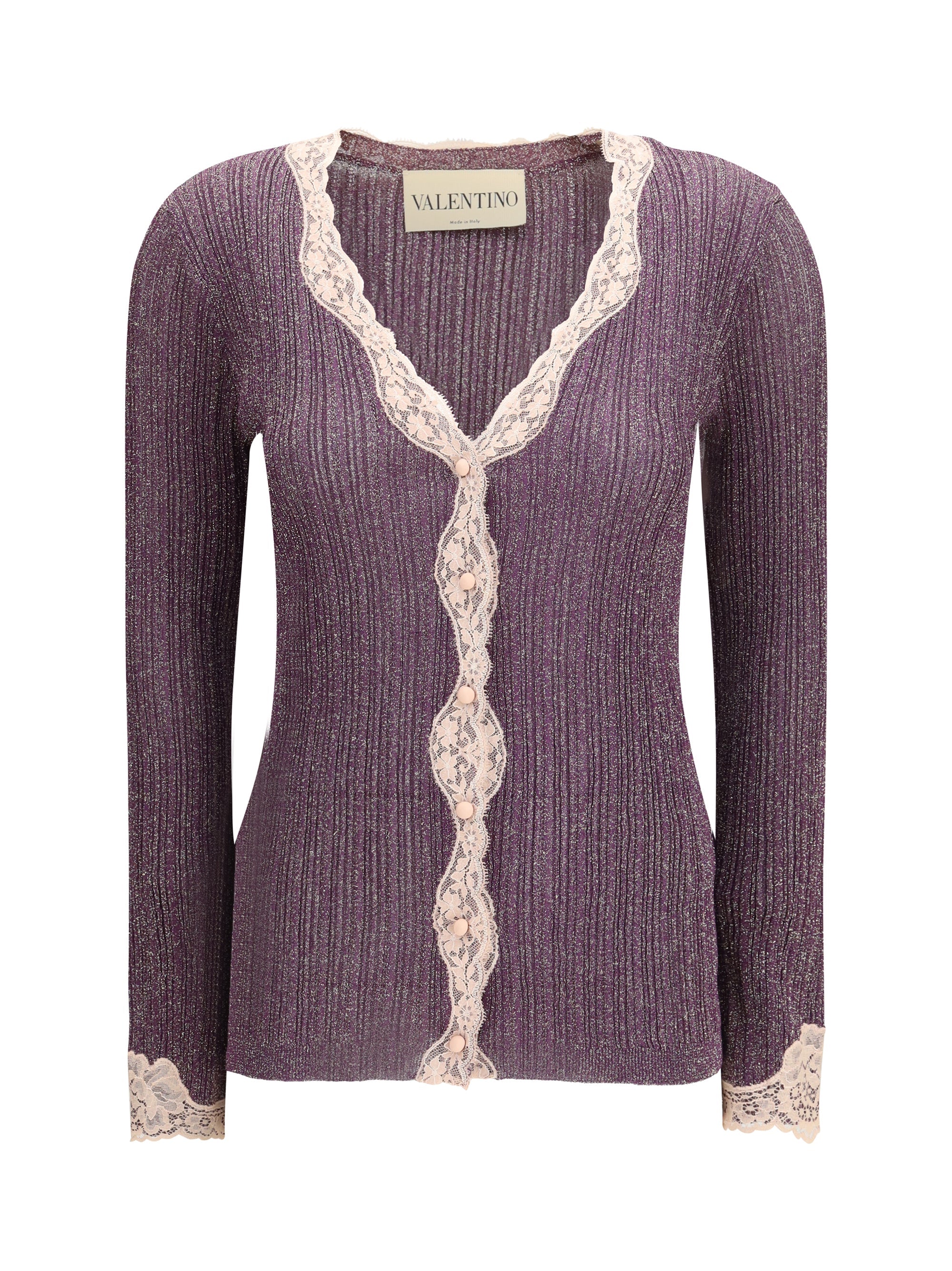 Valentino Lurex Knit with Lace Trim Cardigan — Purple