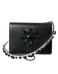 Women's Crystal-Embellished Calf Leather Card Case Black Brass Cases