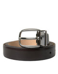 Men's Dark Brown Leather Silver Metal Buckle Belt