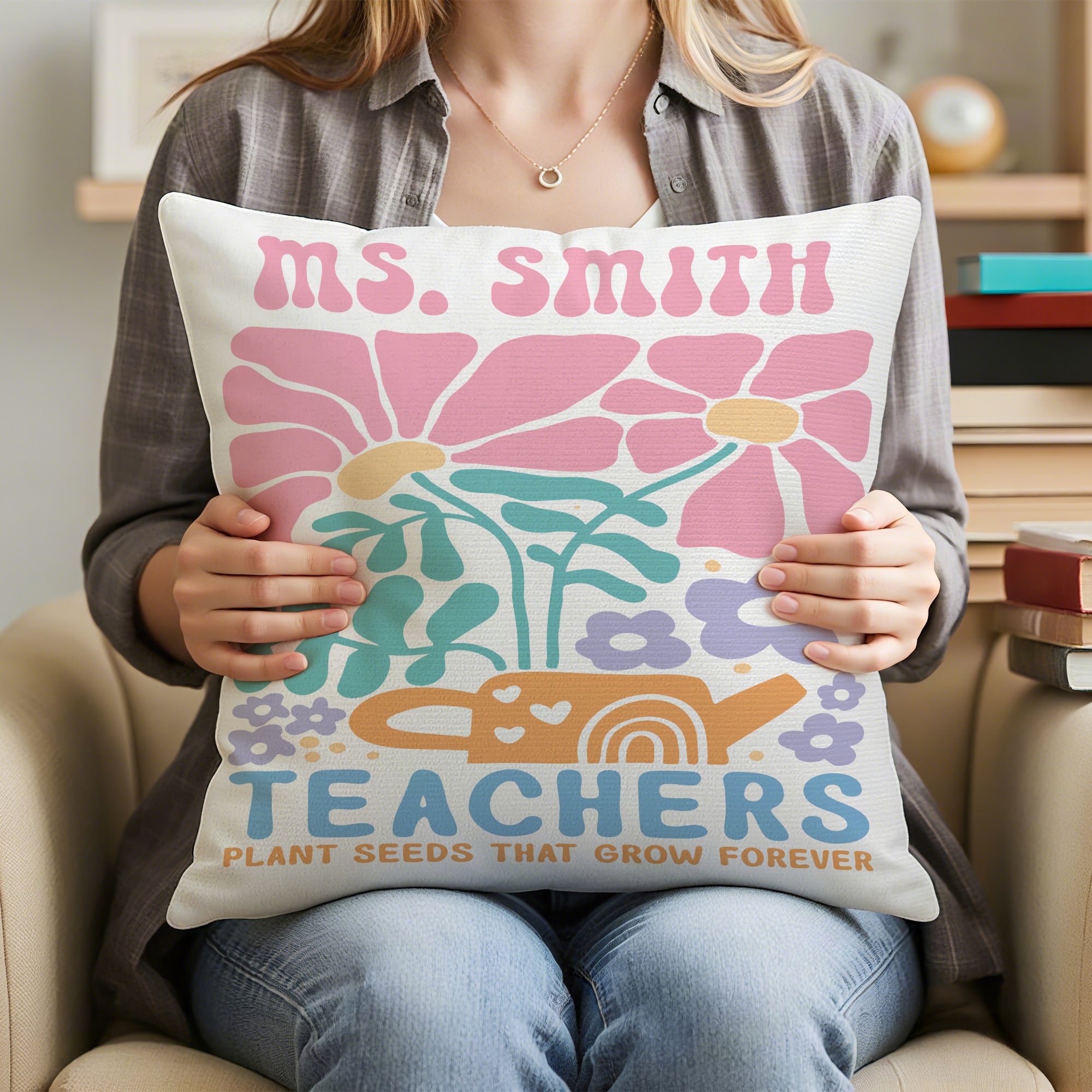 Funda de Almohada Personalizada Floral Danesa con Texto Decoración del Hogar Cumpleaños Día del Maestro Regalo de agradecimiento por la vuelta al cole para el profesor