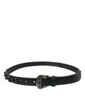 Women's Black Embellished Leather Engraved Buckle Belt Calf