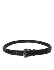 Women's Black Embellished Leather Engraved Buckle Belt Calf