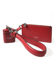 Men's Red Leather Silver Metal Logo Strap Pouch Airpods Case Calf Accessory