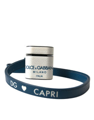 Women's White Blue Calf Leather Logo Print Strap Airpods Case And Accessory