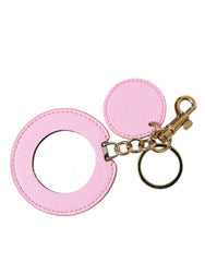 Women's Pink Calf Leather Gold Metal Logo Print Keyring Keychain And Accessory