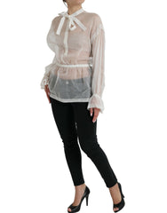 Women's White Silk Long Sleeves Ascot Collar Top Cotton