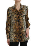 Women's Brown Leopard Print Long Sleeves Blouse Top Silk Elastane