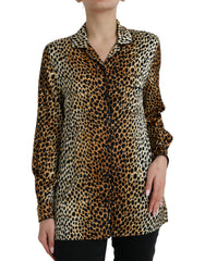Women's Brown Leopard Print Long Sleeves Blouse Top Silk Elastane