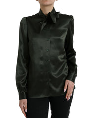 Women's Gray Long Sleeves Ascot Collar Blouse Top Dark Silk