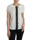 Women's Off White Silk Lace Trim Short Sleeves Top Cotton Elastane