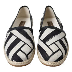 Men's Black White Stripes Slip On Espadrille Shoes Linen Leather